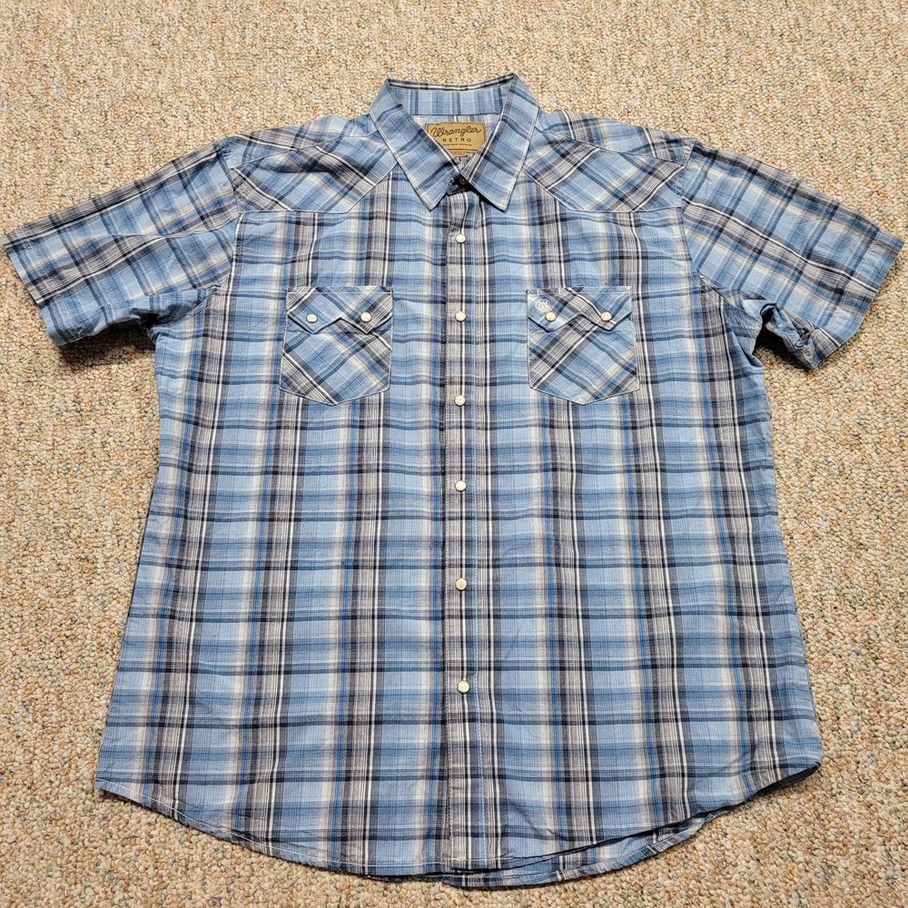 Wrangler Shirt Men 2XL Blue Plaid Pearl Snap Sawtooth Western Cowboy Rodeo Ranch